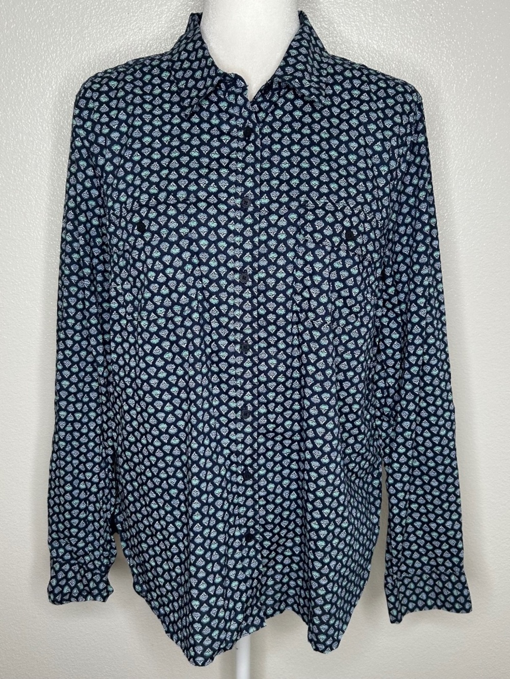 Talbots Womens Navy Blue Patterned Long Sleeve Button-Up Shirt Top Size L EUC